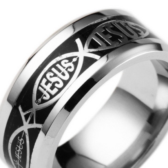 MENS SILVER & BLACK JESUS RING - Picture 2 of 2